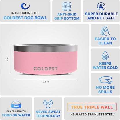 Coldest Dog Bowl - Anti Rust Metal, Non Slip, 3 Layers Insulated Stainless Steel Dog Bowls - Spill Proof &amp; Heavy Duty - Water Bowl for Dogs, Cats &amp; Pets, Dish Washer Safe (100 oz, Cotton Candy Pink)