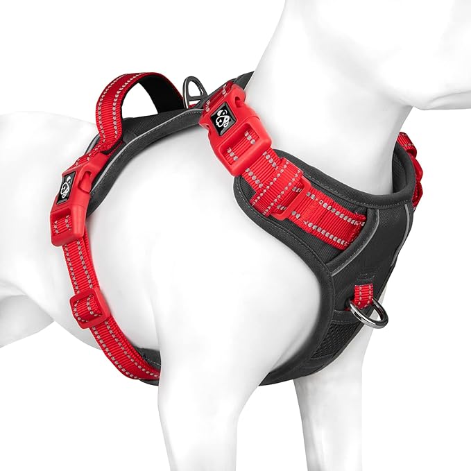 PHOEPET No Pull Dog Harness, Unique Colors Reflective Adjustable Dog Vest, with Soft Training Handle Metal Clips for Small Medium Large Dogs (Black Base &amp; Red Straps,L)