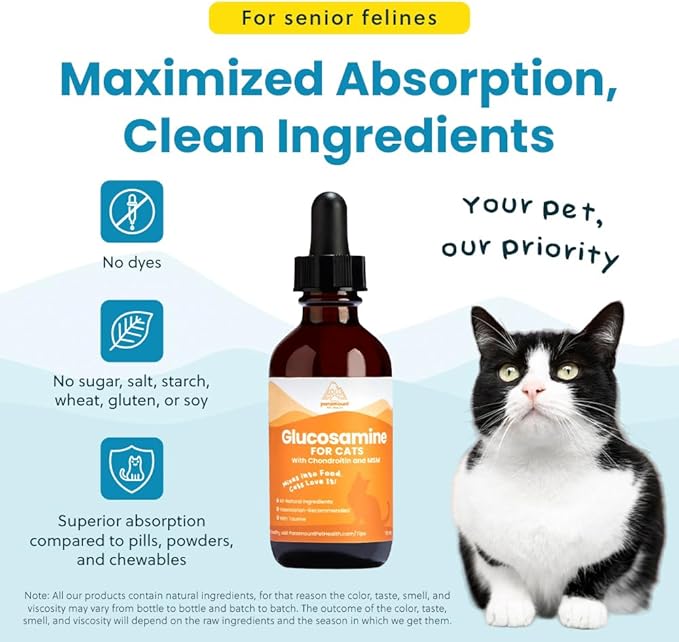 100% Natural Liquid Glucosamine Chondroitin with MSM for Cats, Hip &amp; Joint Supplement for Senior Felines, Arthritis Support &amp; Mobility Booster Glucosamine Drops, 2 Oz