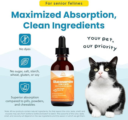 100% Natural Liquid Glucosamine Chondroitin with MSM for Cats, Hip &amp; Joint Supplement for Senior Felines, Arthritis Support &amp; Mobility Booster Glucosamine Drops, 2 Oz