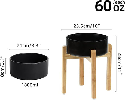 Ceramic Elevated Dog Bowl Set, Raised Food and Water Bowl for Large Breed Dogs, Weighted Dishes, Black (8.2&