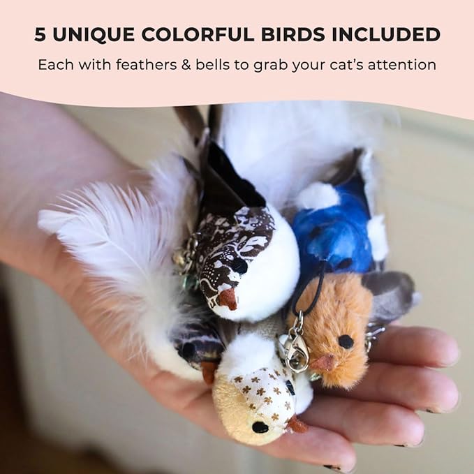 Interactive Bird Simulation Cat Toy Set, Interactive Cat Toys for Indoor Cats, Cat Feather Toy, Self-Holding Suction Base, 5 Replacement Birds, Feathers &amp; Bells, Realistic Bird Impression