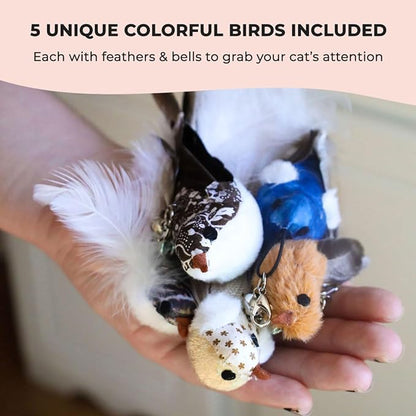 Interactive Bird Simulation Cat Toy Set, Interactive Cat Toys for Indoor Cats, Cat Feather Toy, Self-Holding Suction Base, 5 Replacement Birds, Feathers &amp; Bells, Realistic Bird Impression
