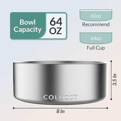 Coldest Dog Bowl - Anti Rust Metal, Non Slip, 3 Layers Insulated Stainless Steel Dog Bowls - Spill Proof &amp; Heavy Duty - Water Bowl for Dogs, Cats, Dish Washer Safe (64 oz, Polished Stainless Steel)