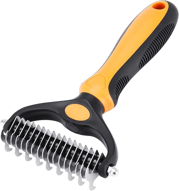 Pet Grooming Tool - 2 Sided Undercoat Rake for Cats and Dogs - Safe Dematting Comb for Easy Mats &amp; Tangles Removing - No More Nasty Shedding and Flying Hair