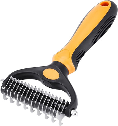 Pet Grooming Tool - 2 Sided Undercoat Rake for Cats and Dogs - Safe Dematting Comb for Easy Mats &amp; Tangles Removing - No More Nasty Shedding and Flying Hair