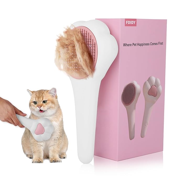 Cat Brush with Release Button Self-Cleaning and Skin-Friendly Grooming and Shedding Tool for Long and Short Haired Cats &amp; Dogs, 140° Comb Teeth, Removes Loose Undercoats and Promotes Healthy Fur