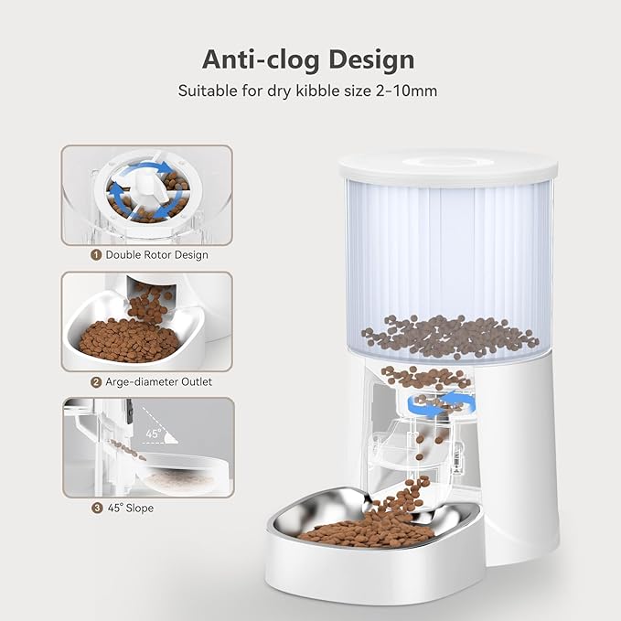 Automatic Cat Feeder: 4L Timed Cats Food Dispenser Programmable 1-6 Meal for Cat and Small Medium Dog- Auto Pet Feeder Dual Power Supply with Stainless Steel&amp; | Detachable Washable White