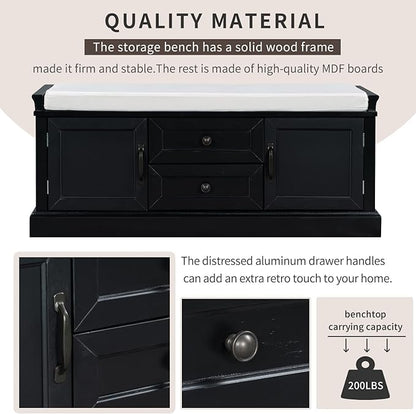 Storage Bench with 2 Drawers and 2 Cabinets, Pine Wood Shoe Bench with Removable Cushion for Living Room, Entryway 42.5" L x 15.9" W x 17.5" H (Black)