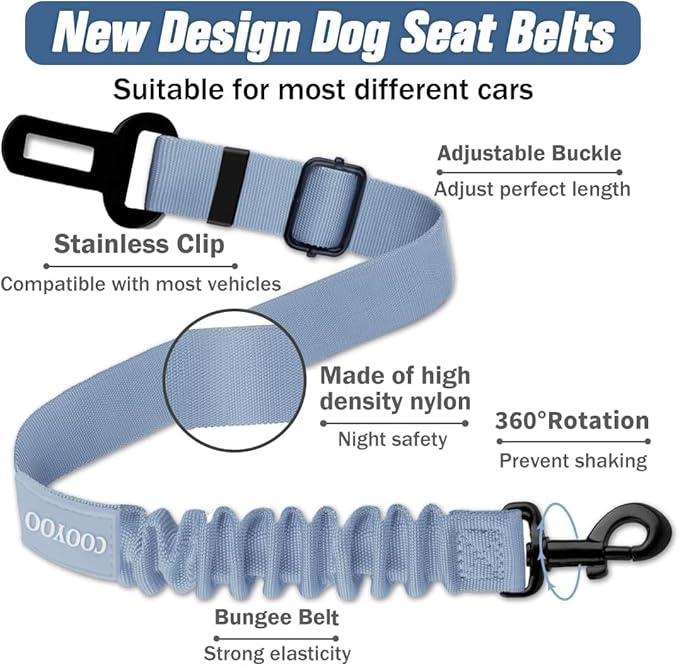 COOYOO Dog Seat Belt,Retractable Dog Car Harness Seat Belt for Car Adjustable Nylon Pet Safety Seat Belts Heavy Duty &amp; Elastic Bungee Buffer