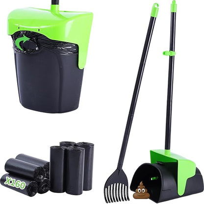 Pooper Scooper Large Swivel Bin &amp; Rake with 160 Waste Bags,Heavy Duty Dog Pooper Scooper with Bag Attachment for Large Small Dogs, Long Handle Poop Scooper with Lid for Yard, Grass, Gravel (Green)