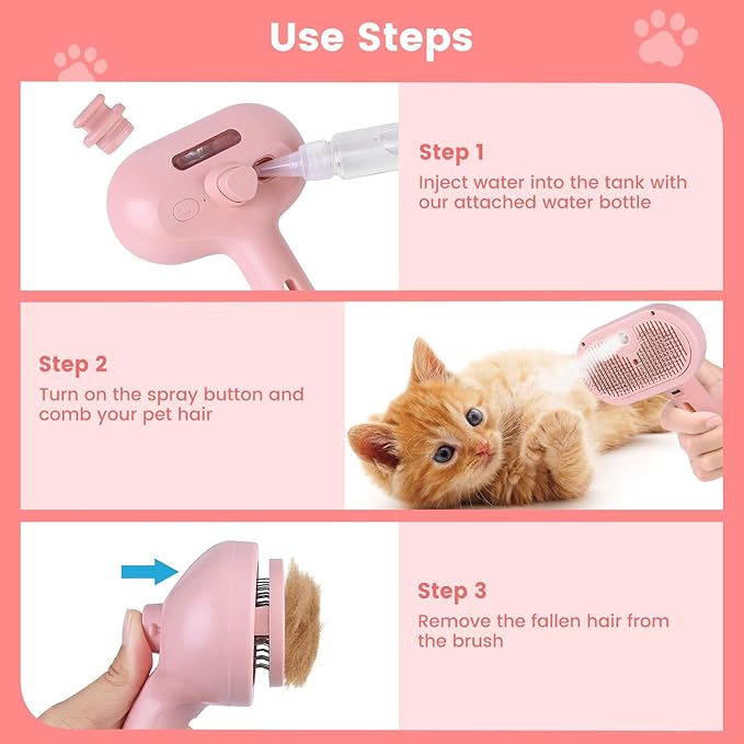 Steam Brush for Shedding Pets - Self-Cleaning Grooming Comb with Water Tank for Long &amp; Short Haired Cats and Dogs (Pink)