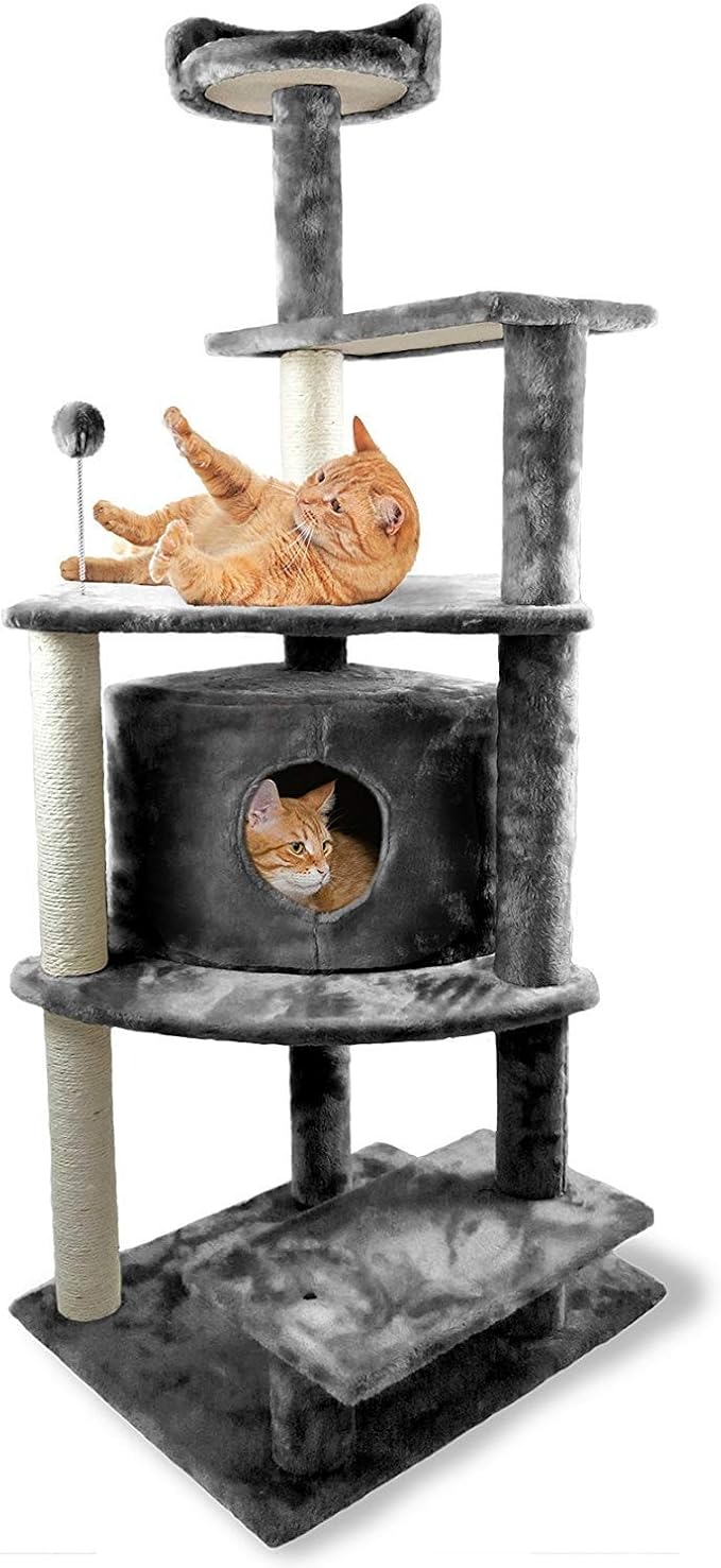 Furhaven 59.8" Tall Cat Tree for Indoor Cats, Ft. Sisal Scratching Posts, Condo, &amp; Toys - Tiger Tough Platform House Interactive Playground Tower - Gray, One Size