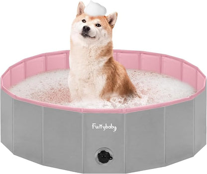 Furrybaby Dog Pool, Kiddie Pool with Hard Plate Collapsible Pet Bath Foldable Swimming Pet Pool Portable Pink 39&