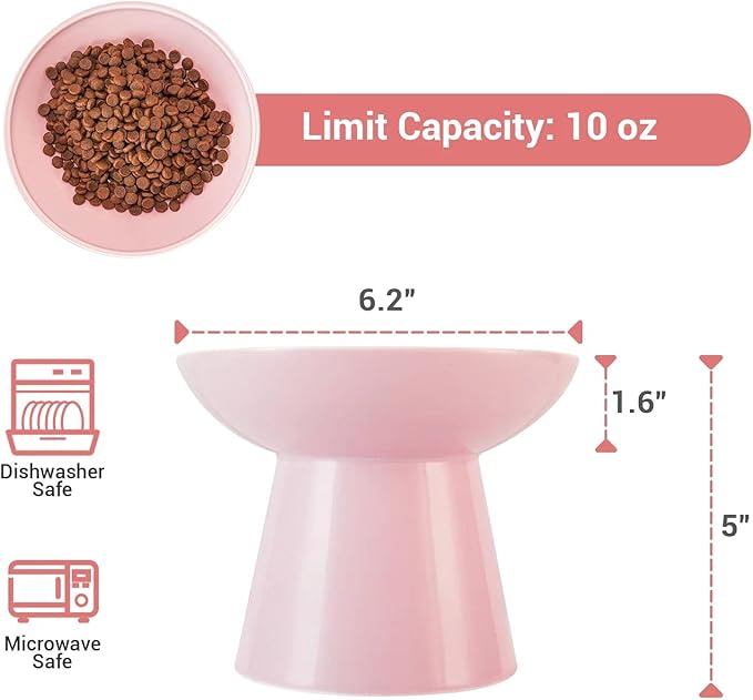 Extra Wide Elevated Ceramic Cat Food Bowl - 6.2" Shallow Dish for Whisker Fatigue Relief, 5" Height for Easy Feeding, Lead &amp; Cadmium Free, Durable Raised Cat Food Bowls, Pink