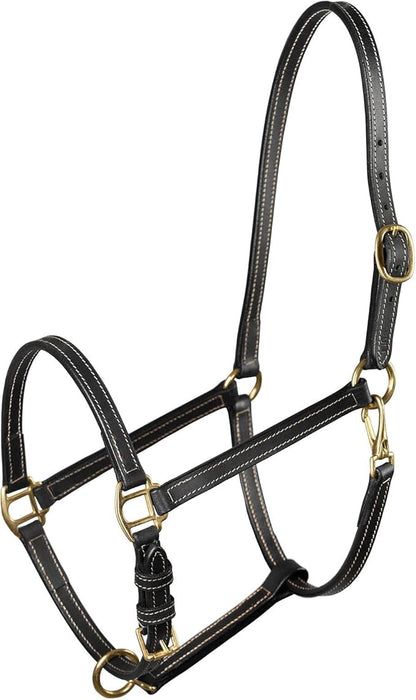 HORZE Fremont Soft Synthetic Leather Horse Halter | Fully Adjustable with Brass Hardware &amp; Contrast Stitching - Black - Horse