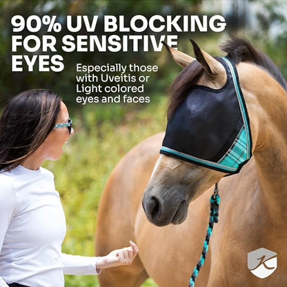 Kensington 90% UV Fly Mask Halter CatchMask UViator - Without Ears &amp; Forelock Freedom Web Trim *Roomy Fit*- X-Large, Imperial Jade