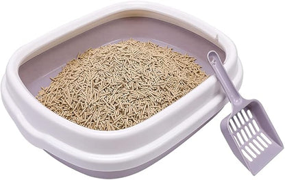 Cat Open Top Litter Box with Lid, Litter Mat, Poop Lifter Scoop &amp; Kitten Kitty Stainless Steel Feeding Dish Bowl, Starter Kit 4 Pack for Small cat Within 5 Months (Grey-Four Entries)