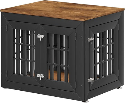 32" Heavy Duty Dog Crate Furniture for Small,Medium and Large Dogs,Rustic Wooden Dog Cage Kennel Indoor Furniture with Waterproof Top,Decorative Pet House Side End Table (Black &amp; Wood)