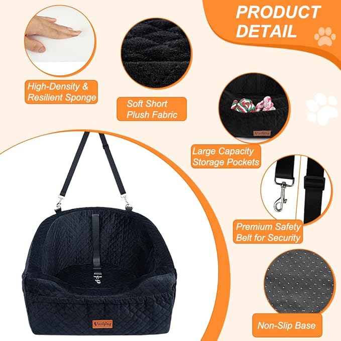 Vivifying Dog Car Seat for Small &amp; Medium Dogs, Detachable &amp; Washable Booster Seat for Pets Up to 30lbs, Travel Bed with Storage Pockets and Safety Belt – Black