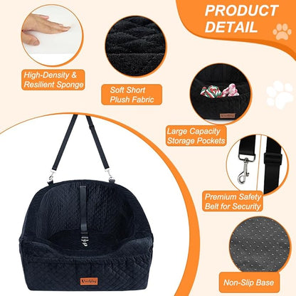 Vivifying Dog Car Seat for Small &amp; Medium Dogs, Detachable &amp; Washable Booster Seat for Pets Up to 30lbs, Travel Bed with Storage Pockets and Safety Belt – Black