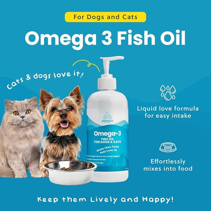 Wild-Caught Omega 3 Fish Oil for Dogs &amp; Cats, Liquid EPA DHA Supplement for Skin, Coat, Joints &amp; Heart, Low-Odor Omega 3 Drops for Small Dog Breeds &amp; Cats with Itchy Skin, 16 oz