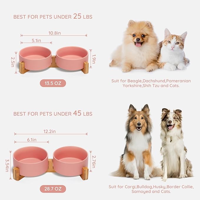 SPUNKYJUNKY Ceramic Dog and Cat Bowl with Wood Stand Non-Slip Matte Glaze Weighted Food Water Set for Cats &amp;Small Dogs 13.5 OZ