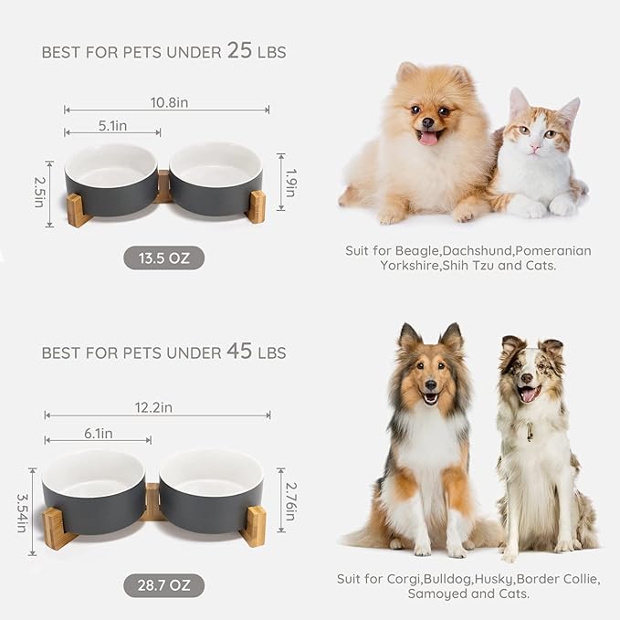 SPUNKYJUNKY Ceramic Dog and Cat Bowl Set with Wooden Stand, Modern Cute Weighted Food Water Set for Small Size Dogs (13.5OZ) &amp; Medium Sized Dogs (28.7OZ) &amp; Cats (3.6 Cups, 2 × White-Grey)