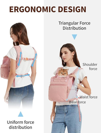 OFY Cat Carrier Puffy Backpack Breathable Small Dog Front Backpack Large Space for Small Dogs, Drawstring &amp; Water-Resisant Pet Bag for Travel Hiking, Lotus Pink Patent Pending