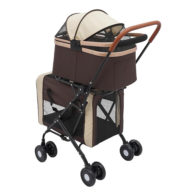 2-Layers Pet Stroller for 2 Cats/Dogs,Foldable Lightweight 77lbs Capacity Carrier, 4 Wheels, Removable Basket &amp; Storage Pocket,for Small Pets (Coffee)