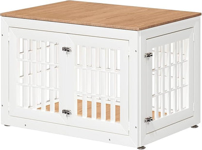 42" Heavy Duty Dog Crate Furniture for Small,Medium and Large Dogs,Rustic Wooden Dog Cage Kennel Indoor Furniture with Waterproof Top,Decorative Pet House Side End Table (White &amp; Wood)