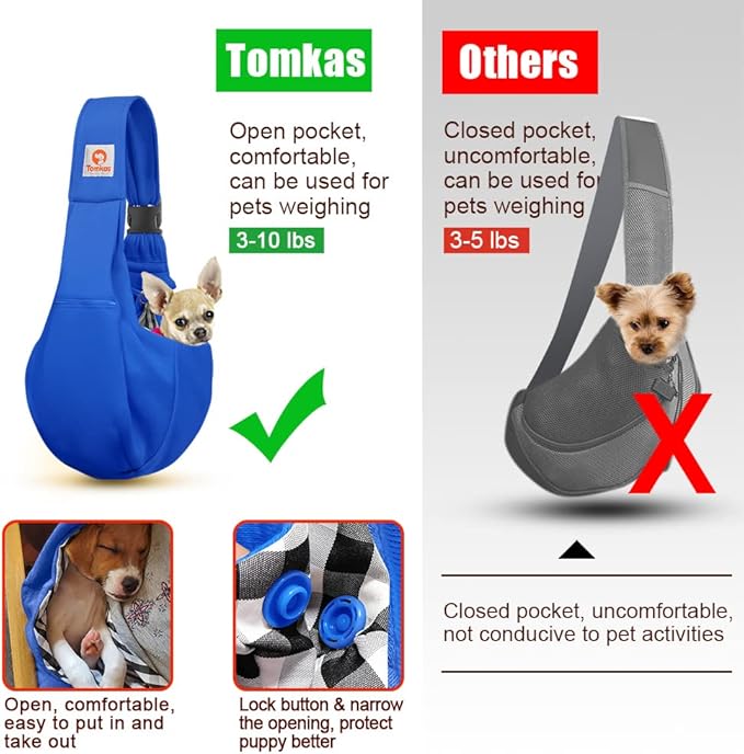Tomkas Dog Sling Carrier for Small Dogs - Royal Blue, Adjustable Strap &amp; Zipper Pocket, Up to 10 lbs. Perfect Puppy Carrier for Small Dogs