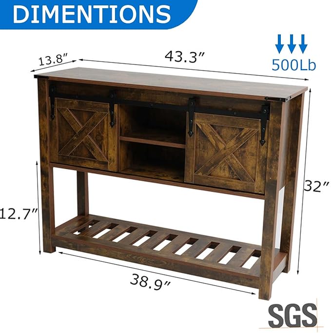 Entryway Table with Storage, Farmhouse Buffet Cabinet Coffee Bar Kitchen Island with Sliding Barn Doors &amp; Shelves, Console Table for Kitchen, Dining Room, Living Room, Brown