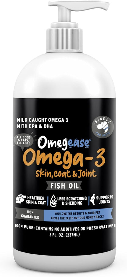 Omegease Fish Oil for Dogs &amp; Cats - Finest for Pets Omega 3 for Cats &amp; Dogs - Supplement for Skin &amp; Coat, Itching, Shedding, Joints &amp; Immune Health - 100% Pure Omega Fish Oil with EPA &amp; DHA (8 oz)
