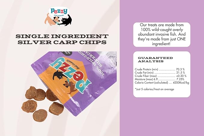 Silver Carp Chips Dog &amp; Cat Treats | Single Ingredient | Wild Caught | Made w/Invasive Fish | Grain Free | High Protein + Low Fat | Hypoallergenic | Compostable Packaging | Made in The USA