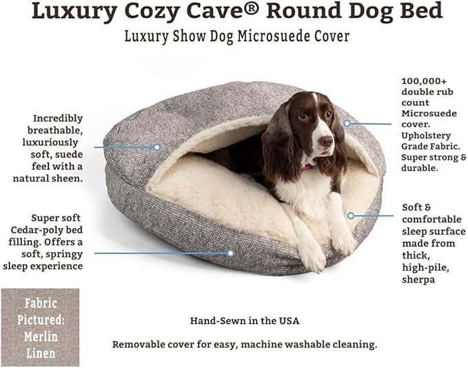 Snoozer Luxury Cozy Cave Dog Bed - Indoor Dog Bed with Cover Cave, Covered Calming Burrow for Medium &amp; Large Sized Pets with Blanket Attached, Enclosed, Washable - XL, Merlin Linen