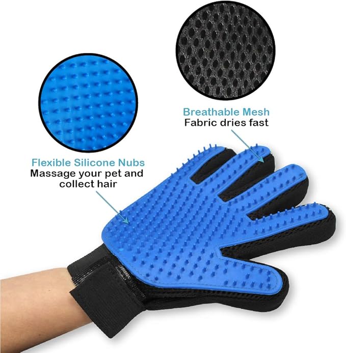 Pets First Dog Grooming Gloves Best Professional Deshedding, Brushing, Cleaning Mitt Tool for Small, Medium or Large Dogs &amp; Cats. Fur &amp; Hair Remover. Prevents Matted Coats. Soft Rubber Bristle Brush