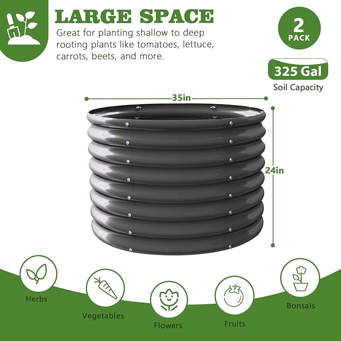 A ANLEOLIFE 2-Pack 3ft x 24” Tall Galvanized Raised Garden Beds Outdoor, Round Metal Planter Box for Planting Vegetables Flowers Herb, Anti-Rust &amp; Easy-Setup, Quartz Grey