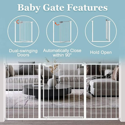 WAOWAO Triple Lock Baby Gate Extra Wide 62.59-67.32" Pressure Mounted Walk Through Swing Auto Close Safety White Metal Dog Pet Puppy Cat for Stairs,Doorways,Kitchen