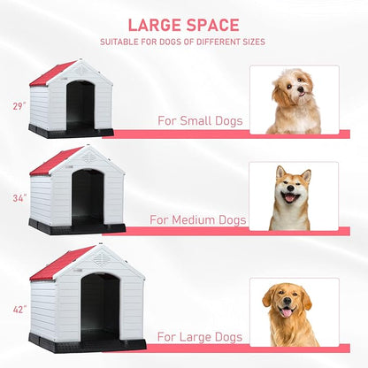LEMBERI Durable Waterproof Plastic Dog House for Small to Large Sized Dogs, Indoor Outdoor Doghouse Puppy Shelter with Elevated Floor, Easy to Assemble (Red, 34&