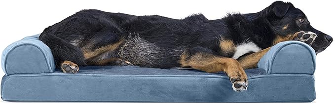 Furhaven Cooling Gel Dog Bed for Large/Medium Dogs w/ Removable Bolsters &amp; Washable Cover, For Dogs Up to 55 lbs - Faux Fur &amp; Velvet Sofa - Harbor Blue, Large