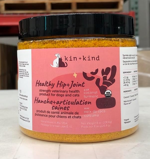 kin+kind Hip+Joint Supplement Dogs &amp; Cats - Vet Formulated Natural Formula with Organic Turmeric, Black Pepper and Coconut- Made in USA - 8 oz (Large)