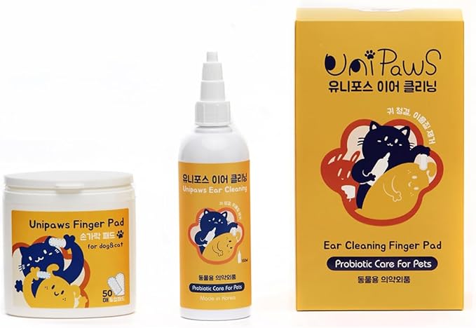 UNIPAWS Pet Ear Drops &amp; Wipes Set for Dogs &amp; Cats – Veterinary-Approved Ear Cleaner &amp; Deodorizer – Reduces Wax Buildup, Relieves Itching &amp; Infection – 5.1 fl oz + 50 PCS Finger Wipes – Made in Korea