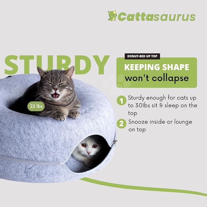 CATTASAURUS Peekaboo Cat Cave for Multiple &amp; Large Cats Up to 30-45 Lbs, Scratch Detachable &amp; Washable Tunnel Bed, Comfy Donut Cat Cave (Light Gray + Light Gray, Large)