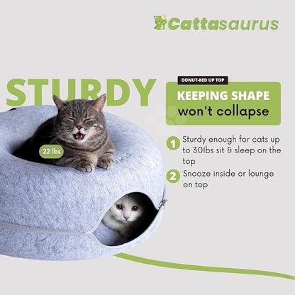 CATTASAURUS Peekaboo Cat Cave for Multiple &amp; Large Cats Up to 30-45 Lbs, Scratch Detachable &amp; Washable Tunnel Bed, Comfy Donut Cat Cave (Light Gray + Light Gray, Large)
