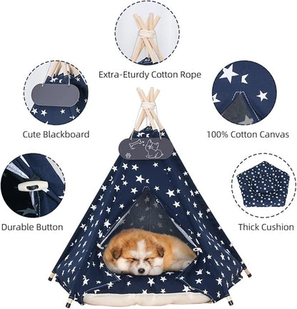 Pet Teepee Tent for Dogs &amp; Cats Dog Bed with Thick Cushion Puppies Play House Removable and Washable 20x20x24Inch