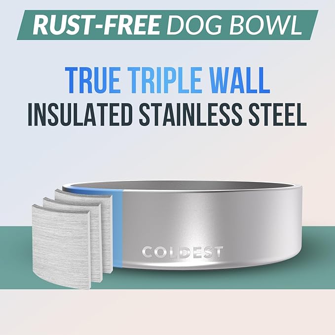 Coldest Dog Bowl - Anti Rust Metal, Non Slip, 3 Layers Insulated Stainless Steel Dog Bowls - Spill Proof &amp; Heavy Duty - Water Bowl for Dogs, Cats, Dish Washer Safe (42 oz, Polished Stainless Steel)