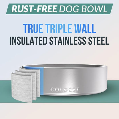 Coldest Dog Bowl - Anti Rust Metal, Non Slip, 3 Layers Insulated Stainless Steel Dog Bowls - Spill Proof &amp; Heavy Duty - Water Bowl for Dogs, Cats, Dish Washer Safe (42 oz, Polished Stainless Steel)