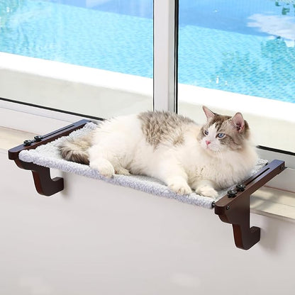Easy Seat Cat Perch for Window Sill - Hammock Design w/Premium Wood &amp; Robust Metal Frame - Cat Window Seat for Large Cats and Kittens (Dark Stained Wood w/Gray Bed, Large (26&