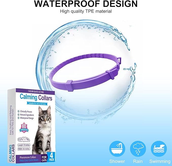Calming Collar for Cats 4 Pack - Pheromone Collar for Stress and Anxiety Relief, Lasts 60 Days, Adjustable, Water-Resistant &amp; Breakaway Design to Make Cats Relaxed